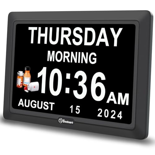 Soobest Digital Dementia Alarm Clock Large Display for Seniors, Plug in Electric Date Day of Week Calendar Clock 12 Alarms 3 Ringtones for Elderly Memory Loss Alzheimerโs, Auto DST (7" Black)