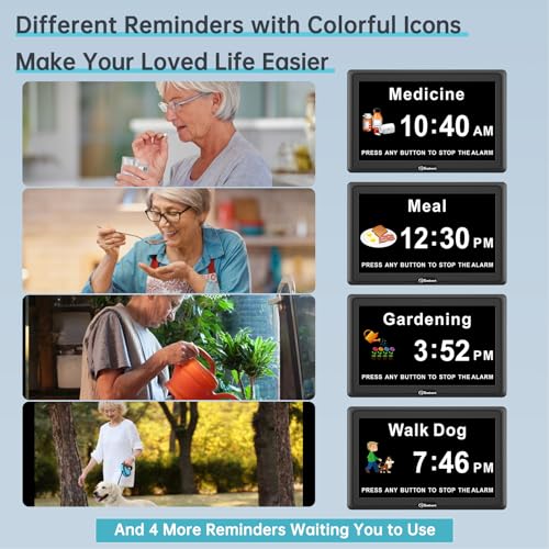 Soobest Digital Dementia Alarm Clock Large Display for Seniors, Plug in Electric Date Day of Week Calendar Clock 12 Alarms 3 Ringtones for Elderly Memory Loss Alzheimerโs, Auto DST (7" Black)