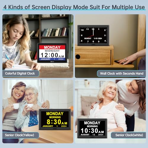 Soobest Digital Dementia Alarm Clock Large Display for Seniors, Plug in Electric Date Day of Week Calendar Clock 12 Alarms 3 Ringtones for Elderly Memory Loss Alzheimerโs, Auto DST (7" Black)