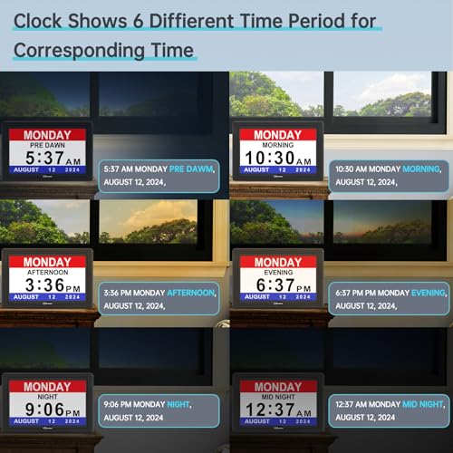Soobest Digital Dementia Alarm Clock Large Display for Seniors, Plug in Electric Date Day of Week Calendar Clock 12 Alarms 3 Ringtones for Elderly Memory Loss Alzheimerโs, Auto DST (7" Black)