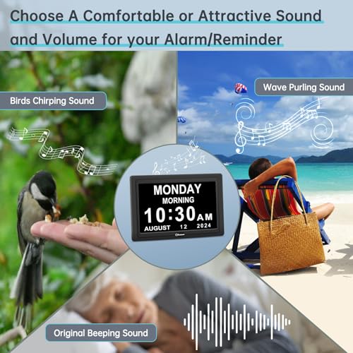 Soobest Digital Dementia Alarm Clock Large Display for Seniors, Plug in Electric Date Day of Week Calendar Clock 12 Alarms 3 Ringtones for Elderly Memory Loss Alzheimer’s, Auto DST (7" Black)